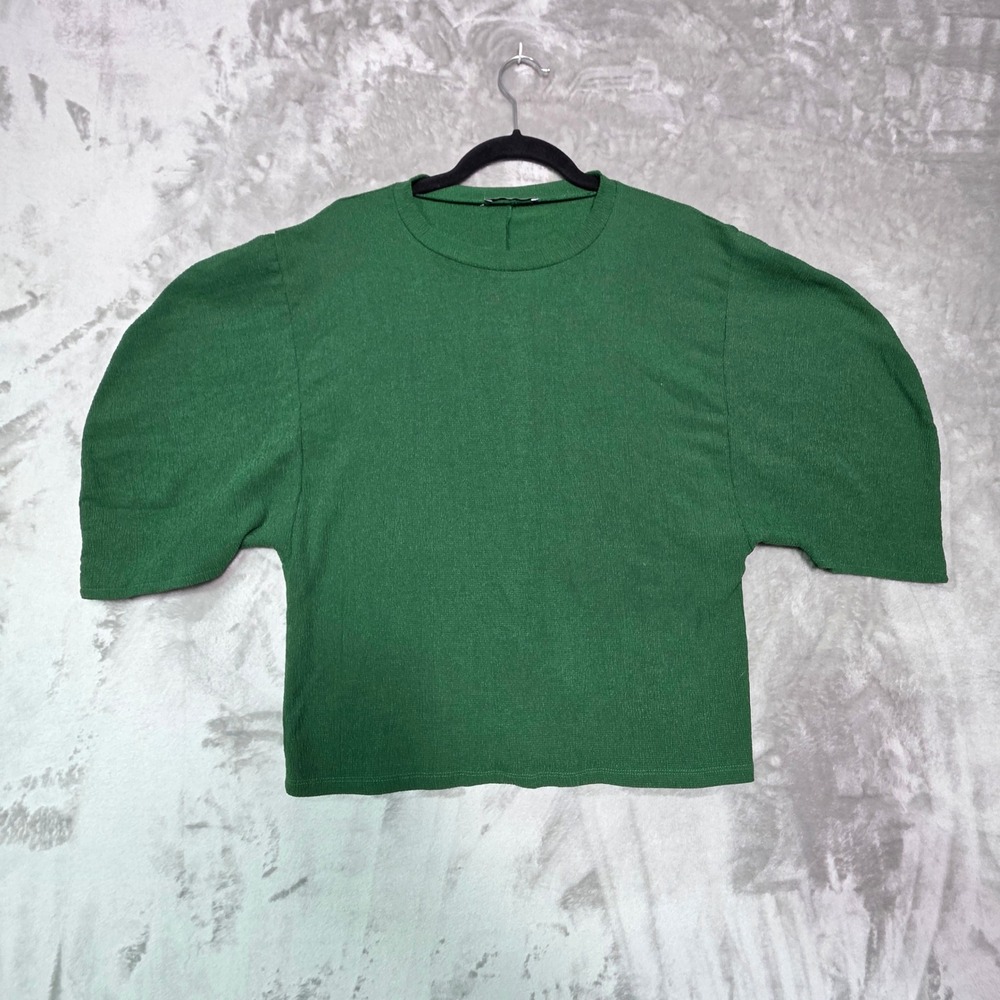 Zara Trafaluc Green Textured Puff Sleeve Crew Neck Top Medium
